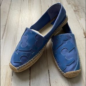 Tory Burch Womens Canvas and Leather Logo Slip On Shoes